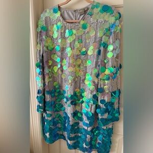 ASOS iridescent silver and aqua sequined dress.